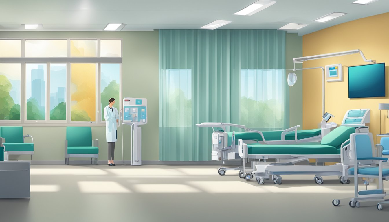 A hospital room with medical equipment and a family waiting area