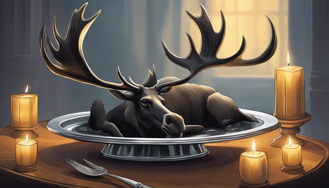 A jellied moose nose on a silver platter surrounded by eerie candlelight and ominous shadows