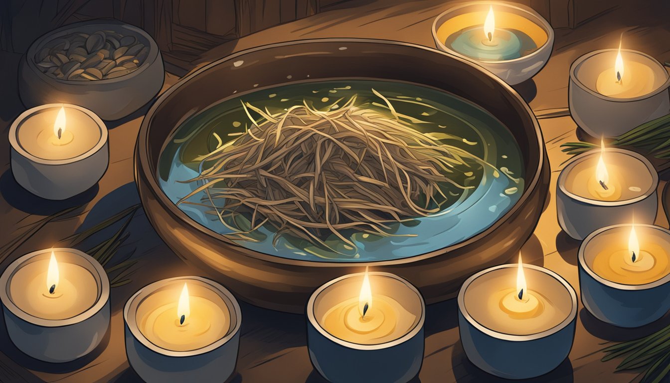 A steaming bowl of bird nest soup surrounded by eerie, glowing candles and ominous shadows