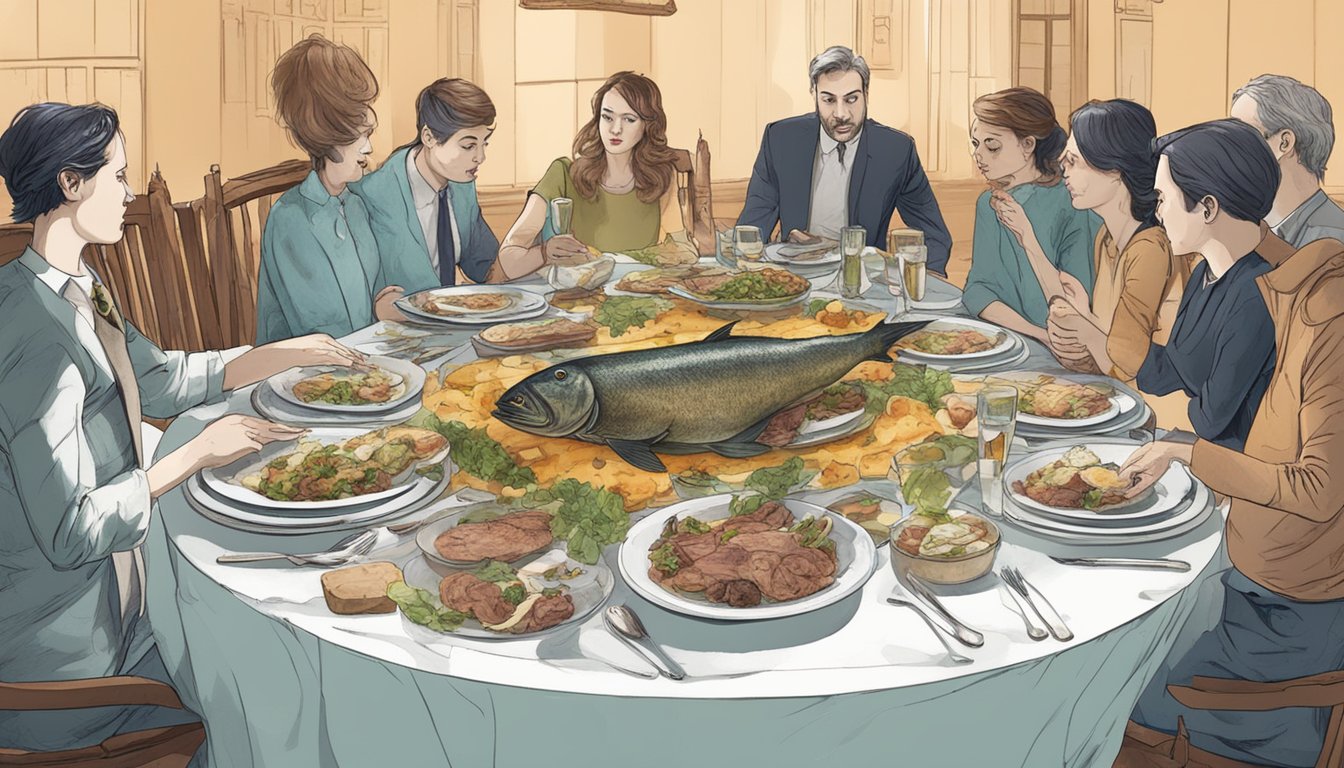 A dinner table set with rotting fish, moldy cheese, and expired meat surrounded by disgusted guests