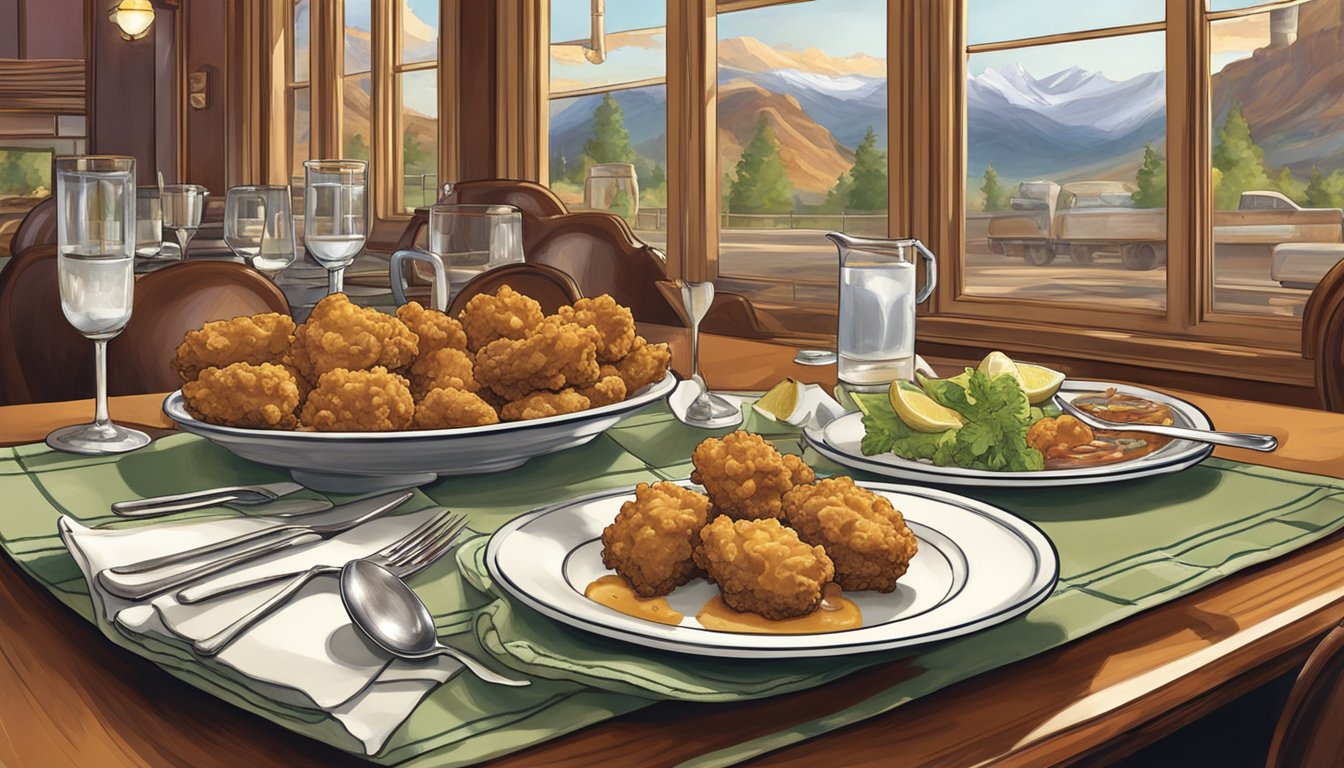 A plate of Rocky Mountain oysters served alongside a fancy dinner setting, with a disgusted expression on the face of a diner