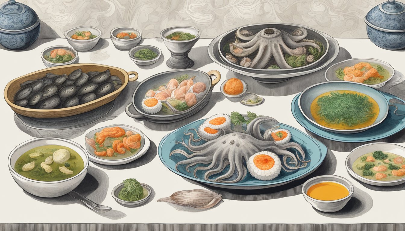 A table set with grotesque dishes: raw fugu, eyeball soup, wriggling octopus, and other disturbing delicacies