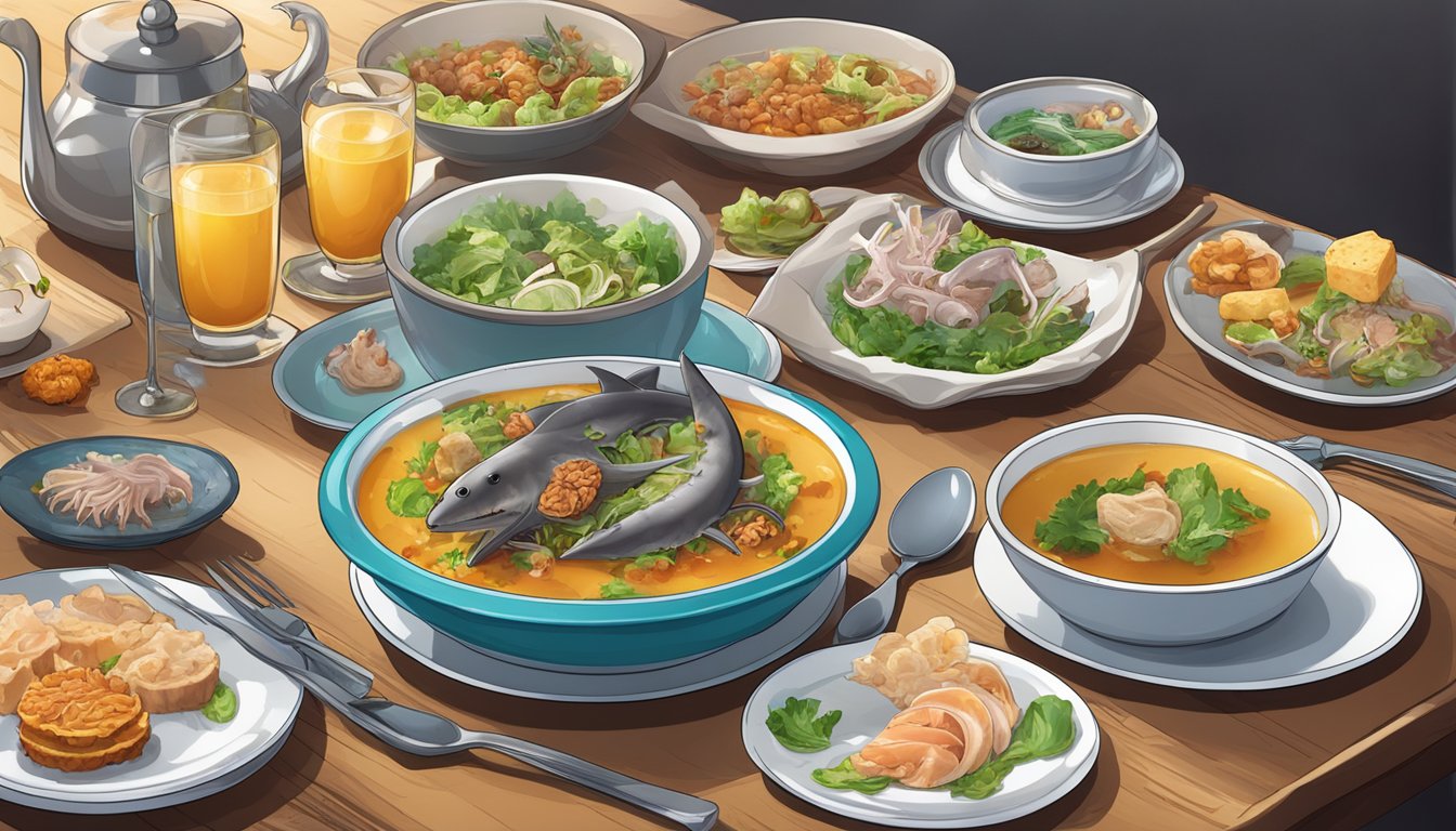 A table set with a variety of disturbing dishes, including rotten shark meat, eyeball soup, and insect-filled salad