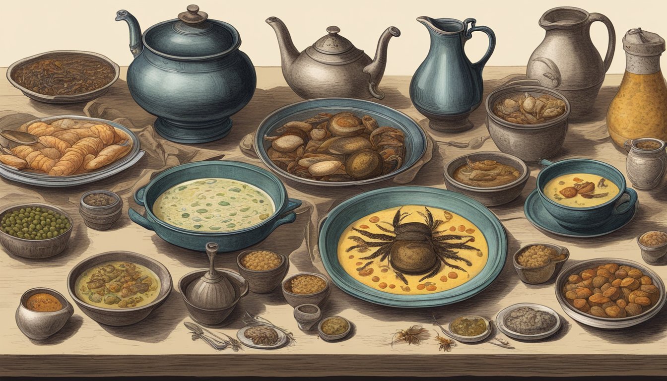 A table set with bizarre, unsettling dishes: eyeball soup, insect stew, raw liver, and other disturbing foods from different historical periods