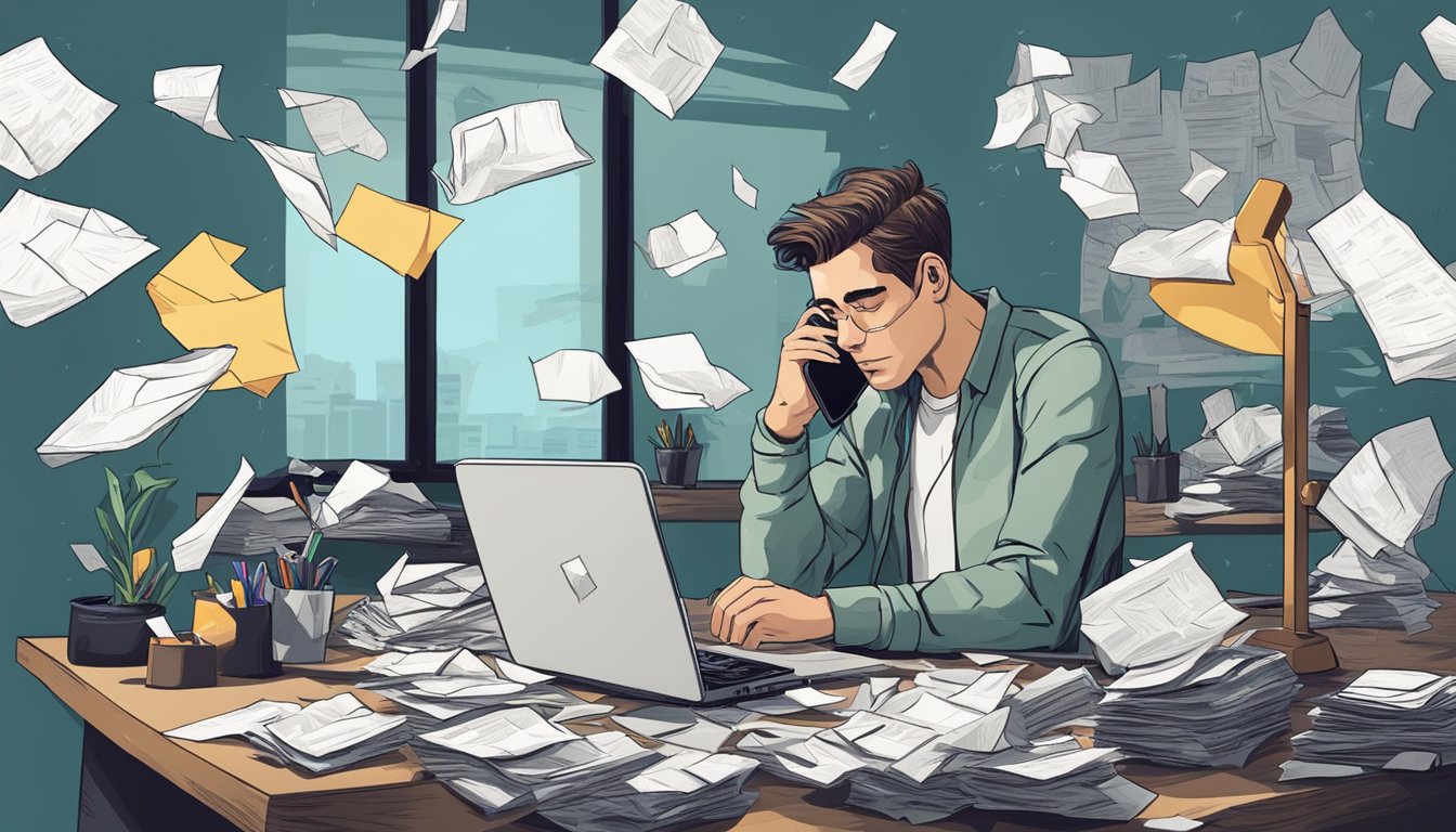 A man sits alone at a cluttered desk, surrounded by crumpled paper. His phone screen illuminates his face as he furiously types out messages, desperate to win back his ex-girlfriend