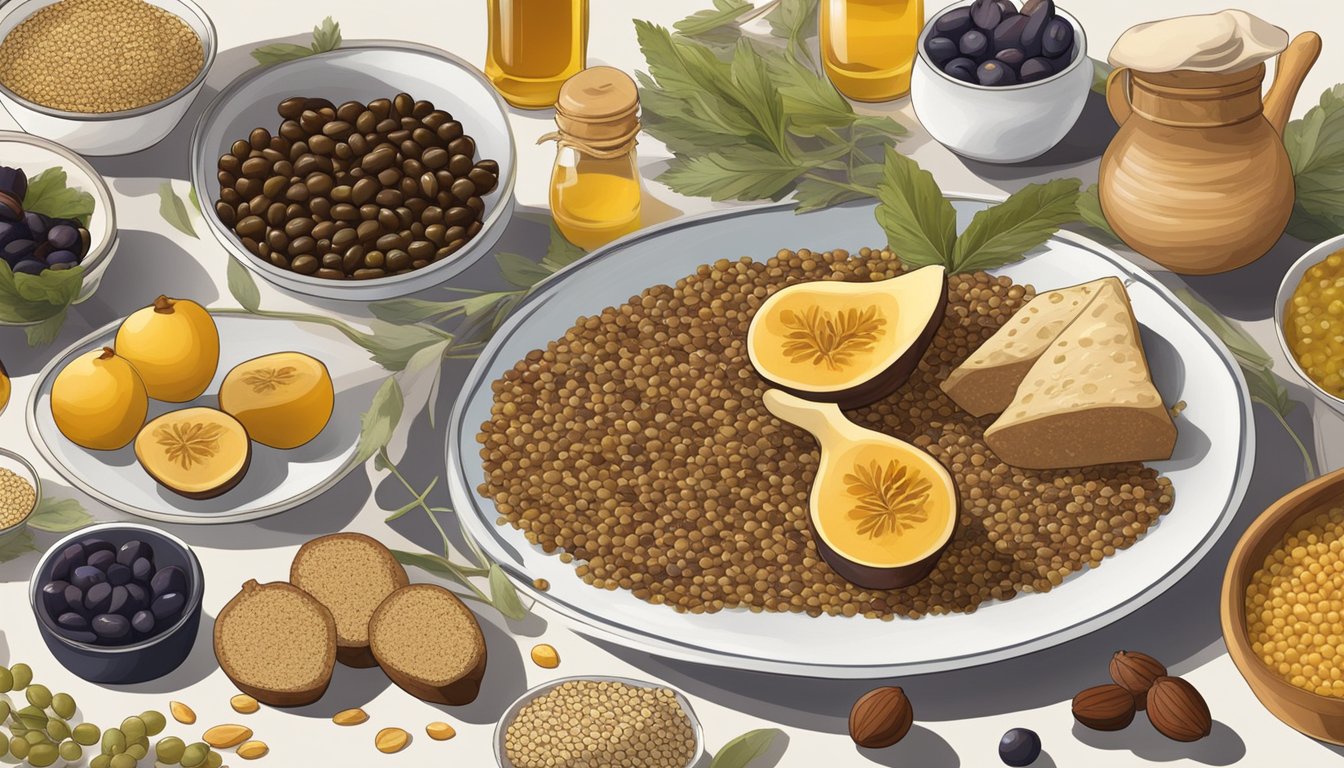 A table with a spread of ancient foods: honey, figs, olives, lentils, barley, quinoa, and dates