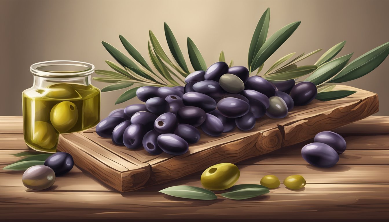 A rustic wooden table adorned with a variety of olives in different hues and sizes, accompanied by a scattering of olive leaves and branches