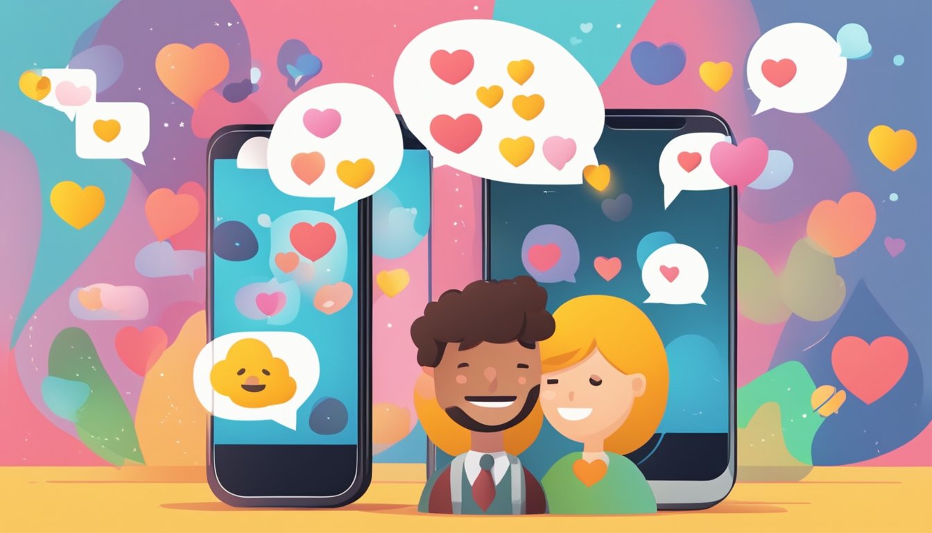 A phone with a series of text bubbles showing a conversation between a man and a woman, with emojis and heart symbols