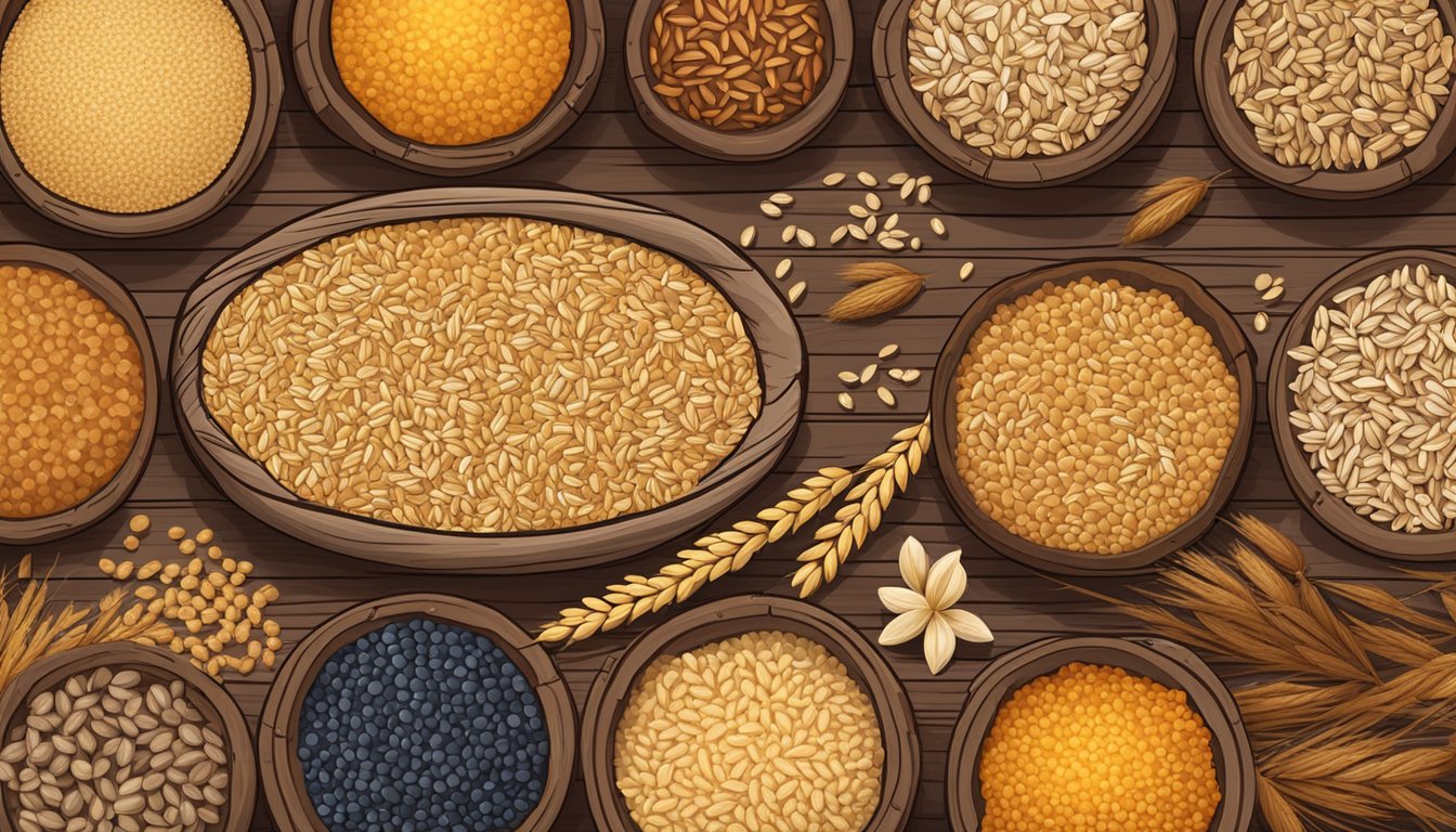 A rustic wooden table with a variety of ancient grains and seeds scattered across it, including barley, quinoa, amaranth, and millet