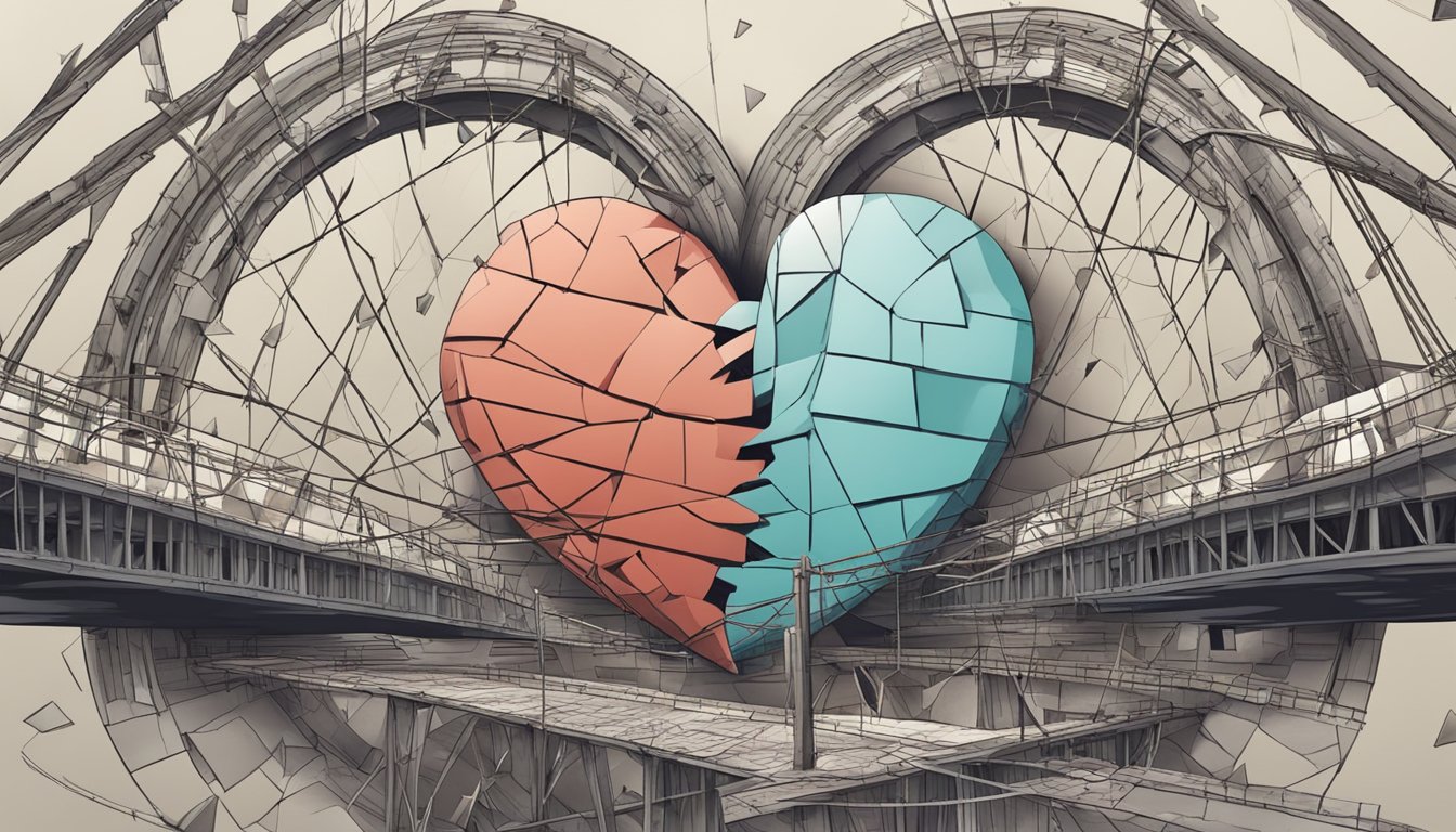 A broken heart mended with a bridge of messages, symbolizing reconciliation and hope for a renewed relationship