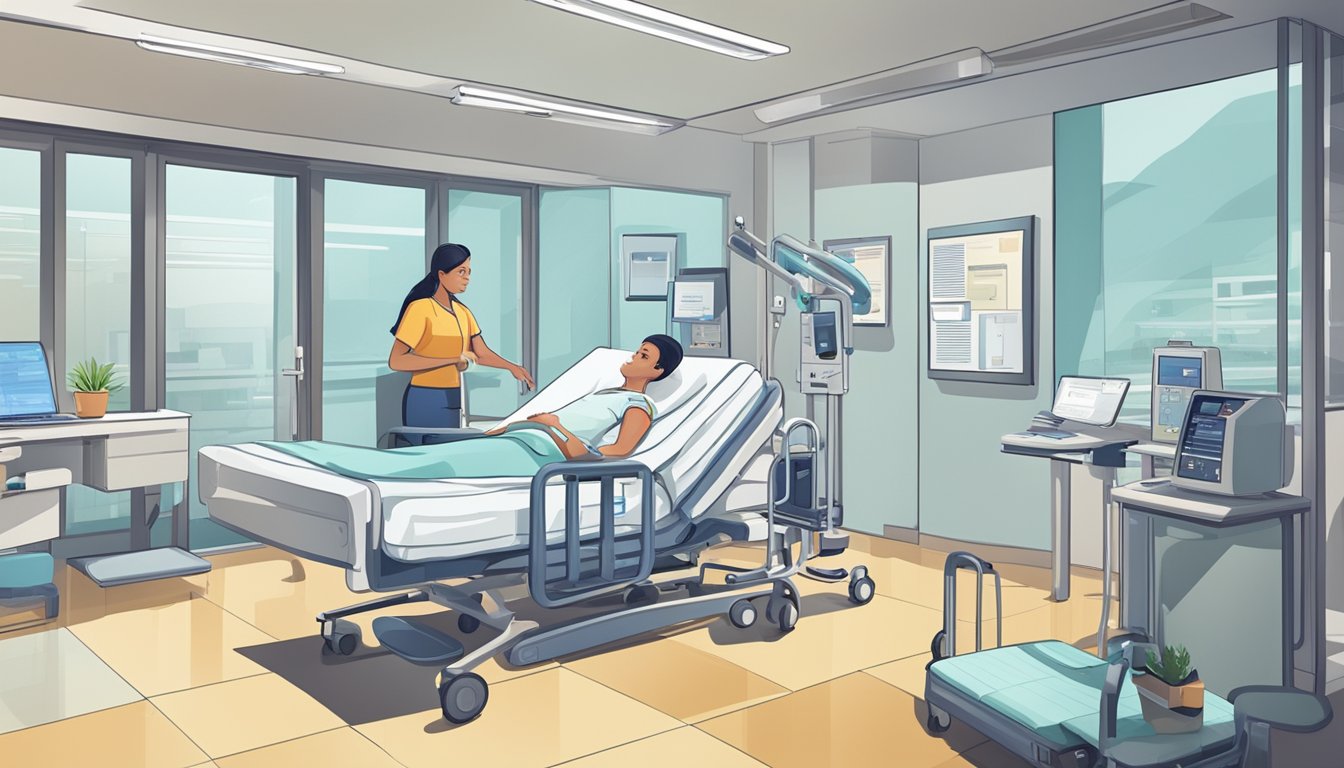 A hospital room with medical equipment, a policy document, and a family member discussing critical illness coverage with an insurance agent