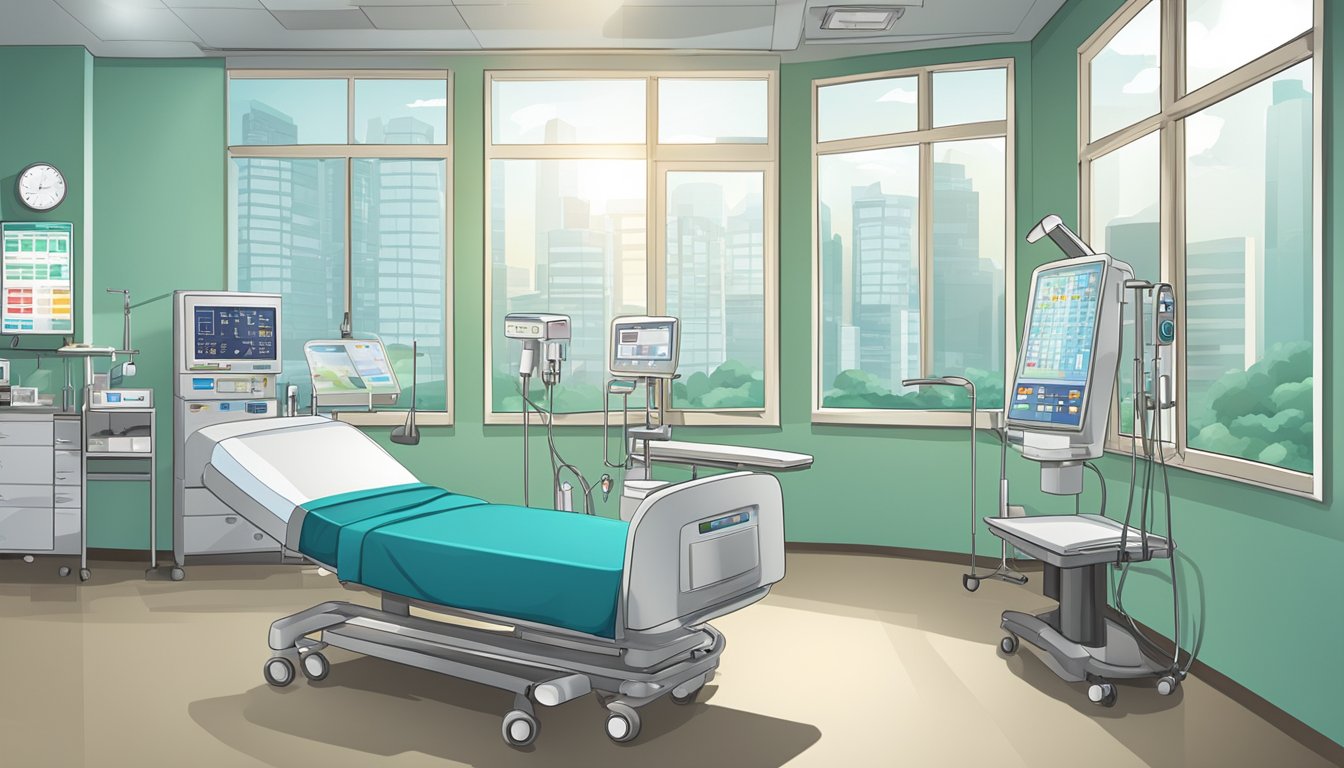 A hospital room with medical equipment and a chart showing various critical illnesses