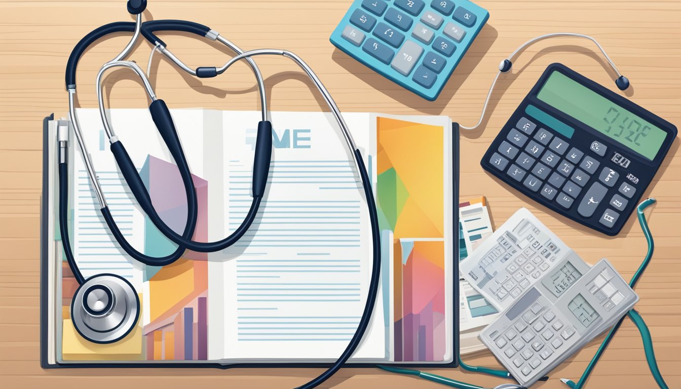 A stethoscope resting on a desk next to an open insurance brochure and a calculator