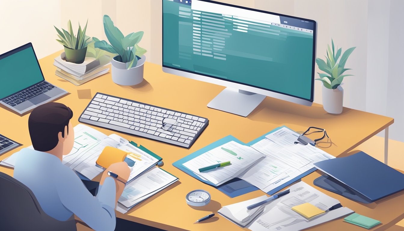 A desk with a computer, charts, and medical records. A person reviewing documents and making notes