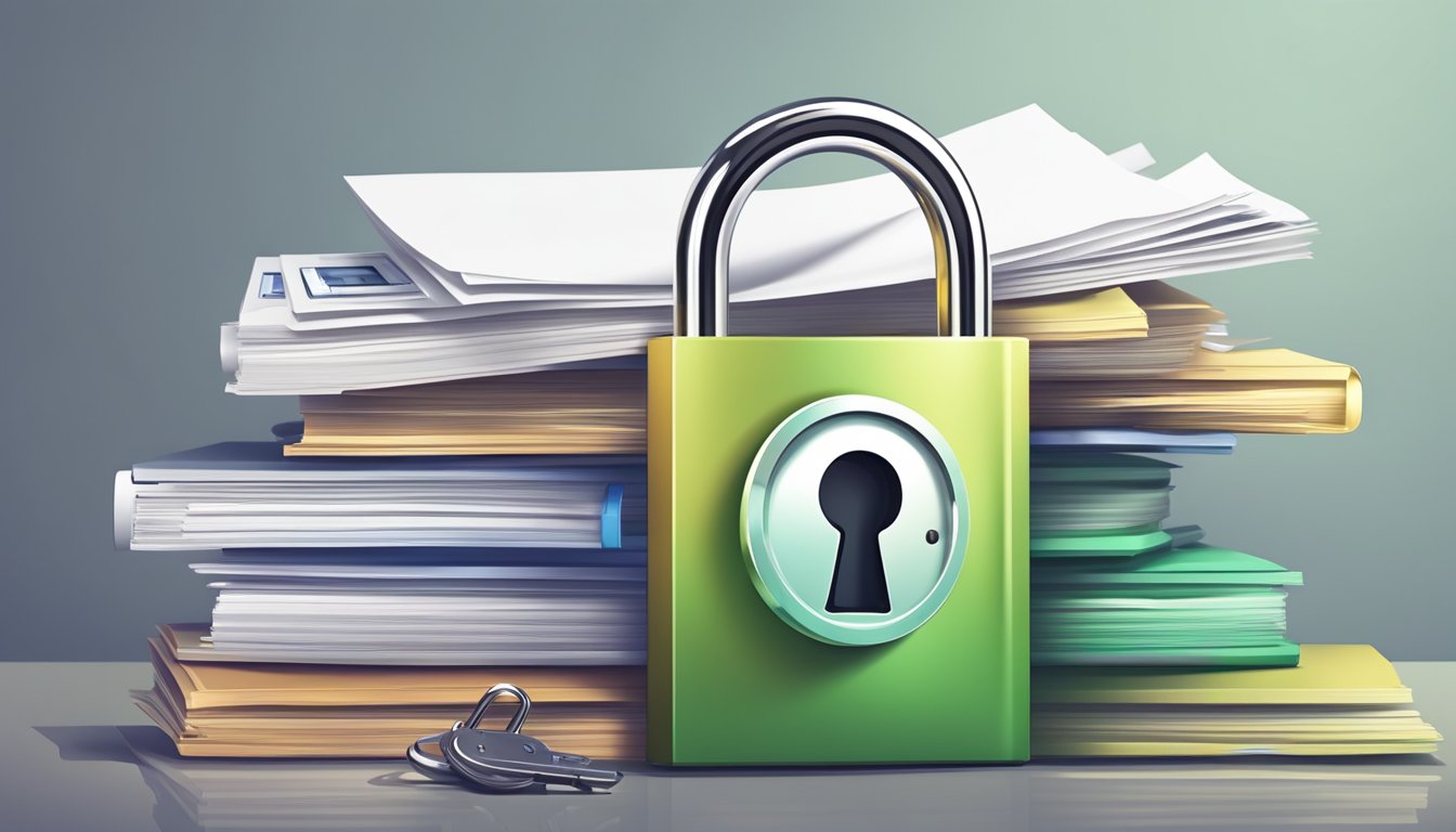 A stack of financial documents and a secure lock symbol