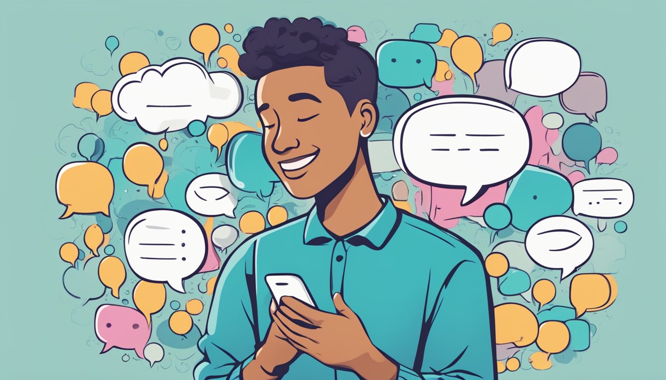 A person holding a phone with a hopeful expression, surrounded by speech bubbles filled with clear and direct messages