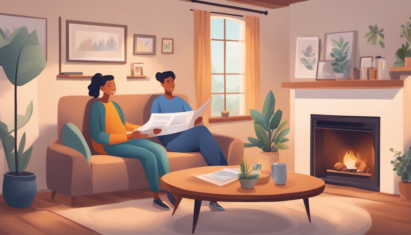 A person receiving a critical illness insurance policy document from an insurance agent in a cozy living room with a fireplace and family photos on the wall