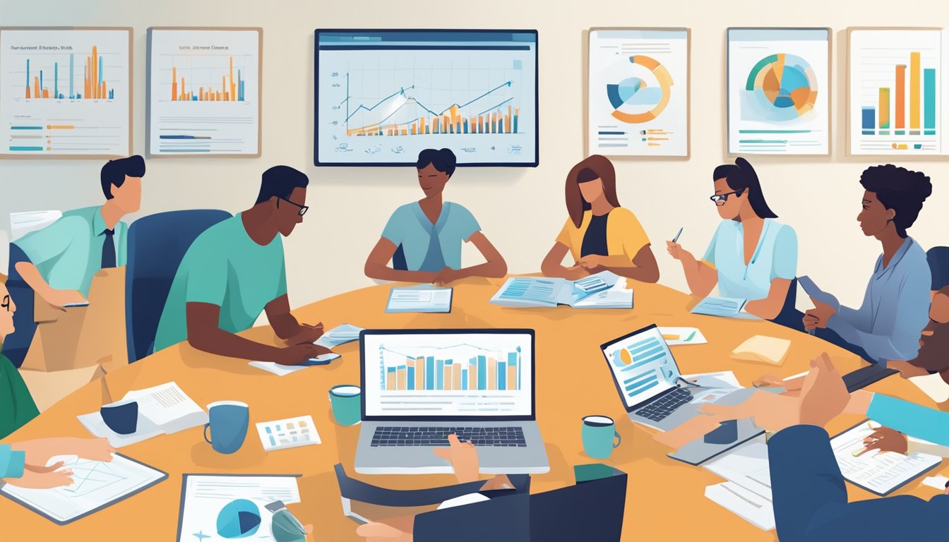 A diverse group of people researching and discussing critical illness insurance options, with charts and graphs illustrating market trends in the background