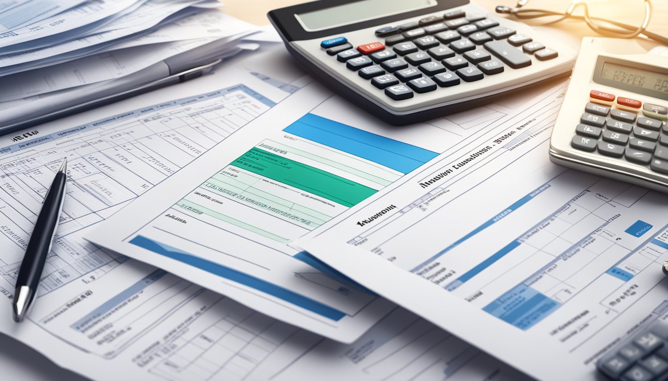 A stack of medical documents surrounded by scattered insurance claim forms and a calculator