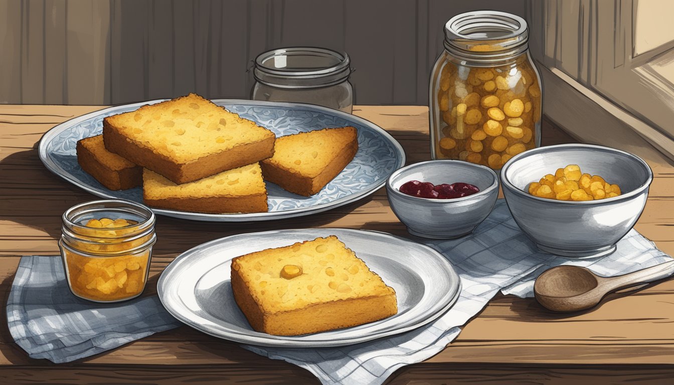 A rustic table with a plate of golden, crumbly cornbread alongside a jar of homemade preserves and a simple, worn-out dish