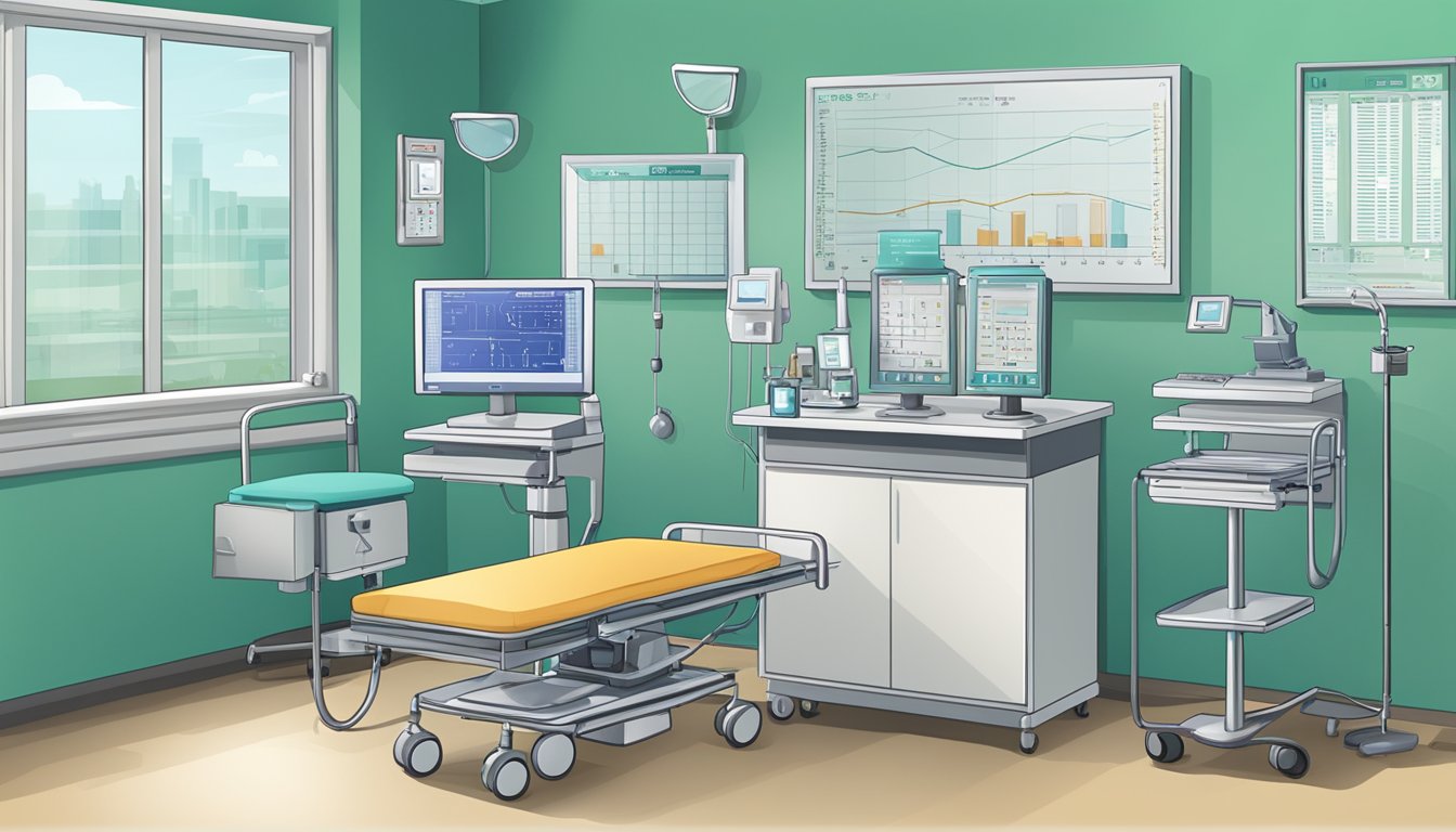 A hospital room with medical equipment and a chart showing specific conditions