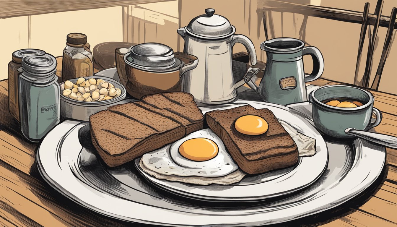 A rustic kitchen table set with a plate of sizzling spam and eggs, accompanied by other simple yet flavorful Great Depression era foods