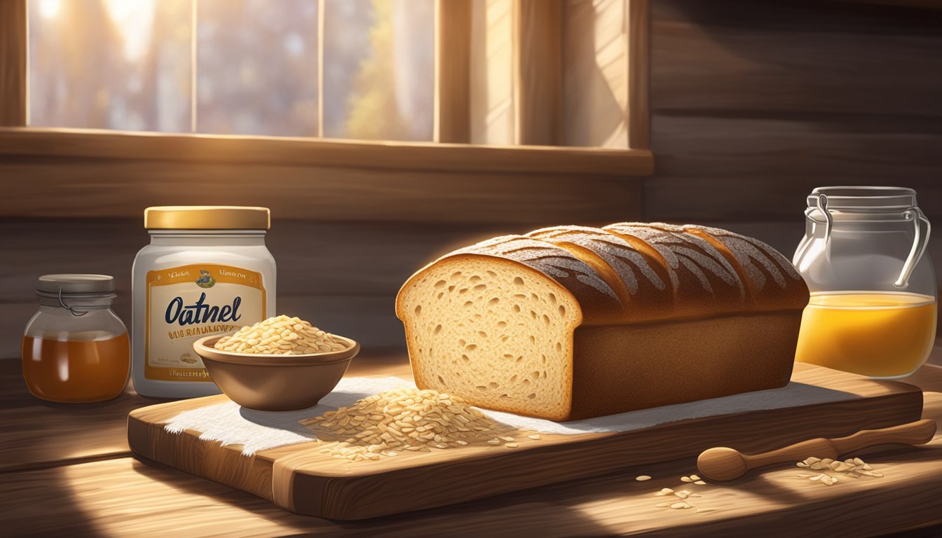 A rustic loaf of oatmeal bread sits on a worn wooden table, surrounded by simple ingredients like oats, flour, and honey. Sunlight streams through a nearby window, casting a warm glow on the scene