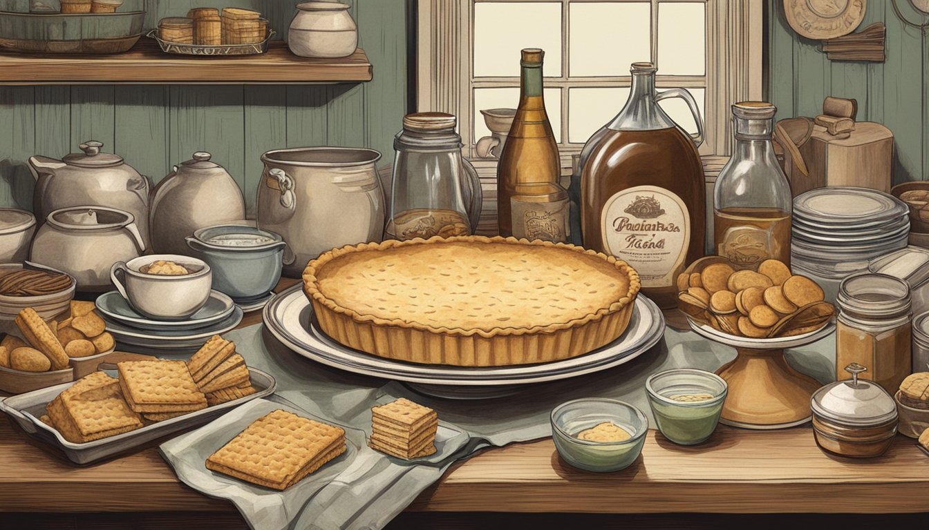 A vintage kitchen scene with a homemade Ritz Cracker Pie on a worn table, surrounded by other Great Depression-era foods