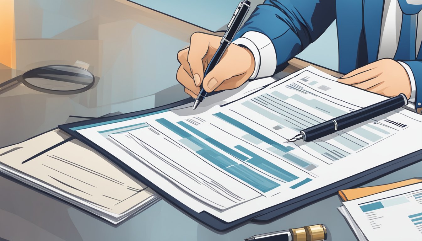 A person signing a document with a pen, while a magnifying glass hovers over the document, symbolizing the detailed coverage of voluntary critical illness insurance