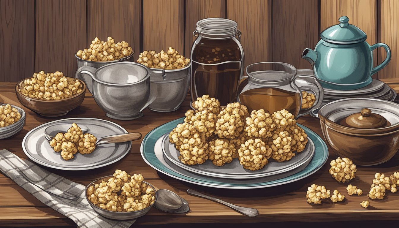 A rustic kitchen table with a plate of molasses popcorn balls surrounded by vintage dishes and utensils