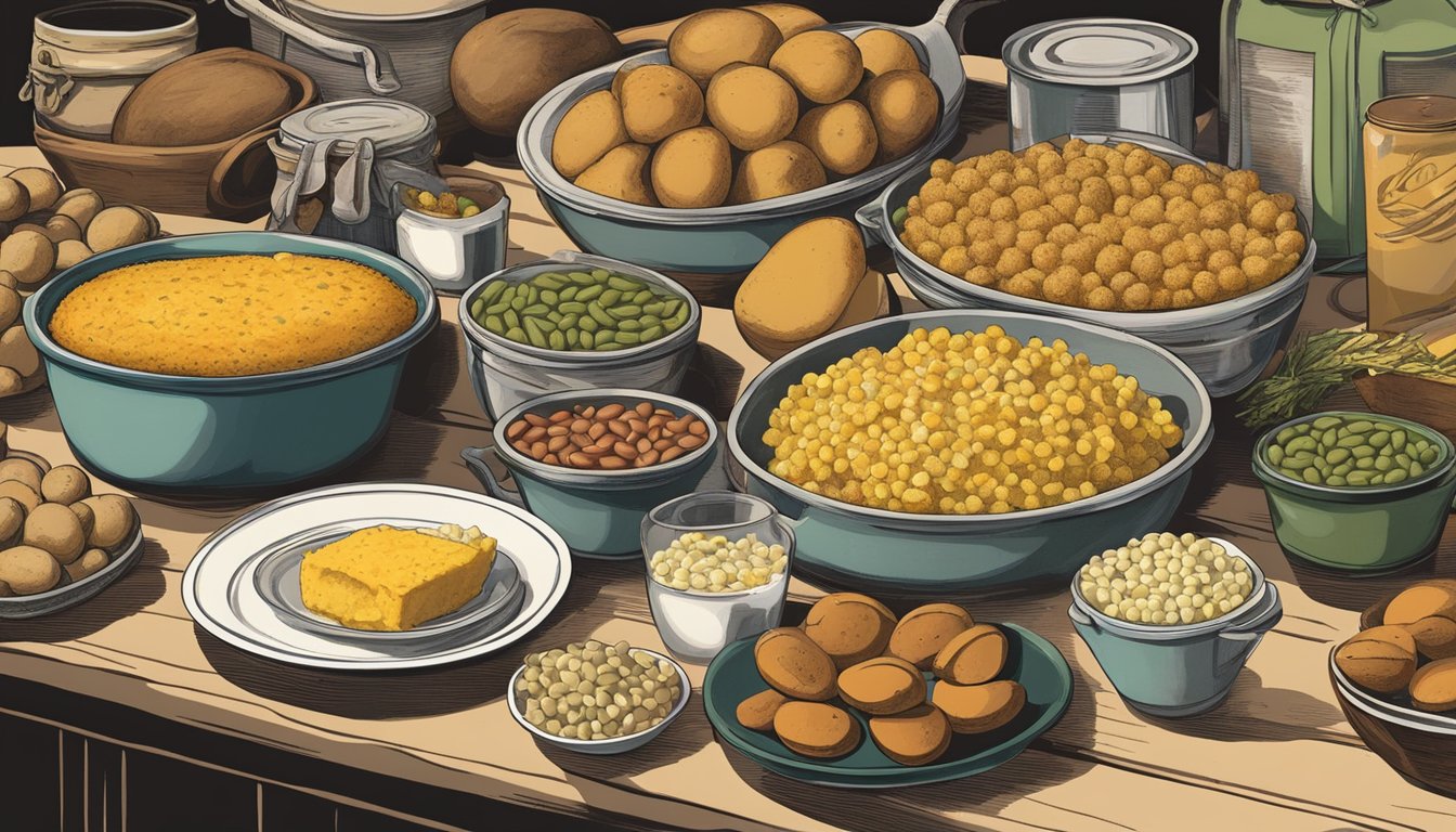 A table spread with simple, yet flavorful dishes from the Great Depression era - beans, cornbread, potatoes, and canned fruits