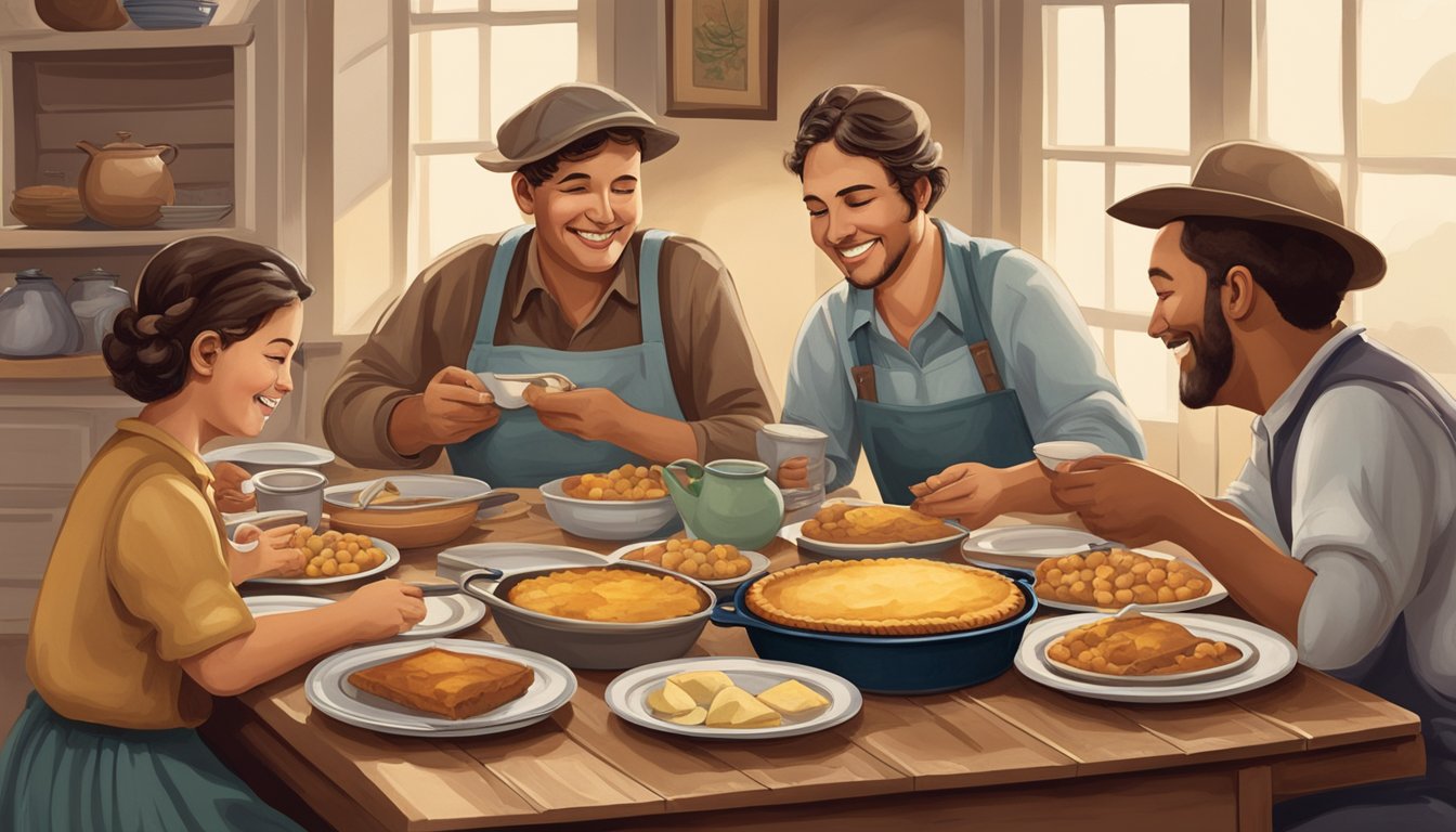 A table set with simple, hearty dishes like bean stew, cornbread, and apple pie. A family gathers around, smiling as they share a meal during the Great Depression