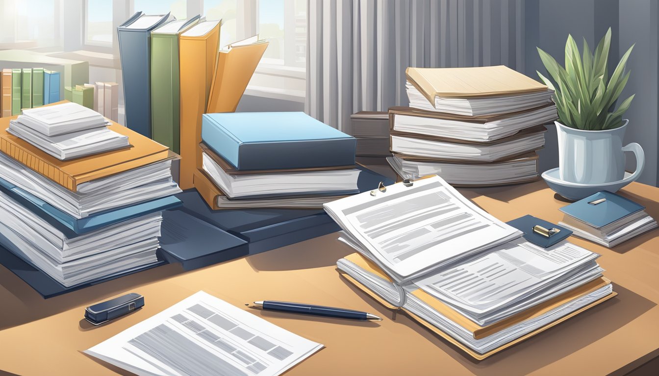 An office desk with a stack of legal documents and a bookshelf with regulatory guidelines