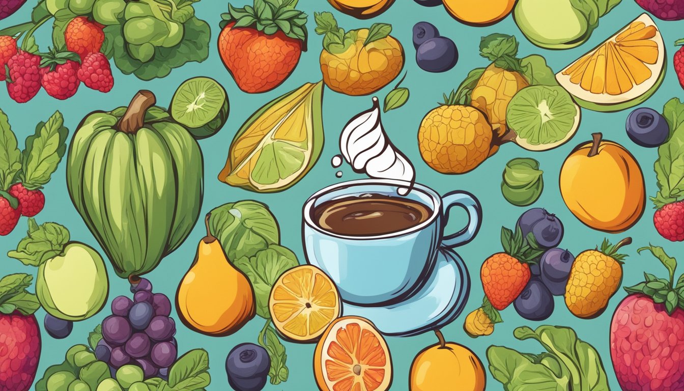 A steaming cup of coffee surrounded by colorful fruits and vegetables