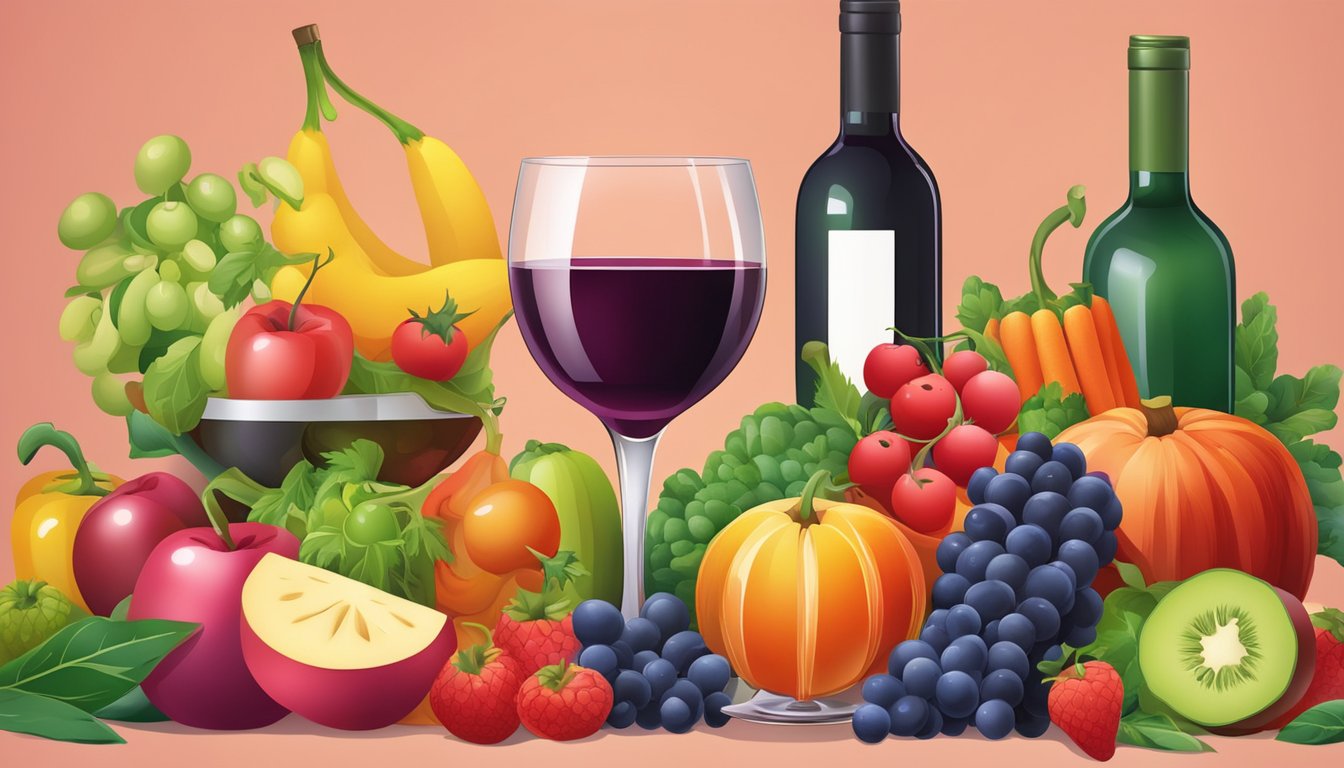 A glass of red wine surrounded by colorful fruits and vegetables