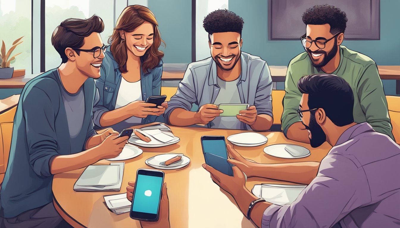 A group of friends gathered around a table, laughing and engaging in lively conversation while one person discreetly sends a text message