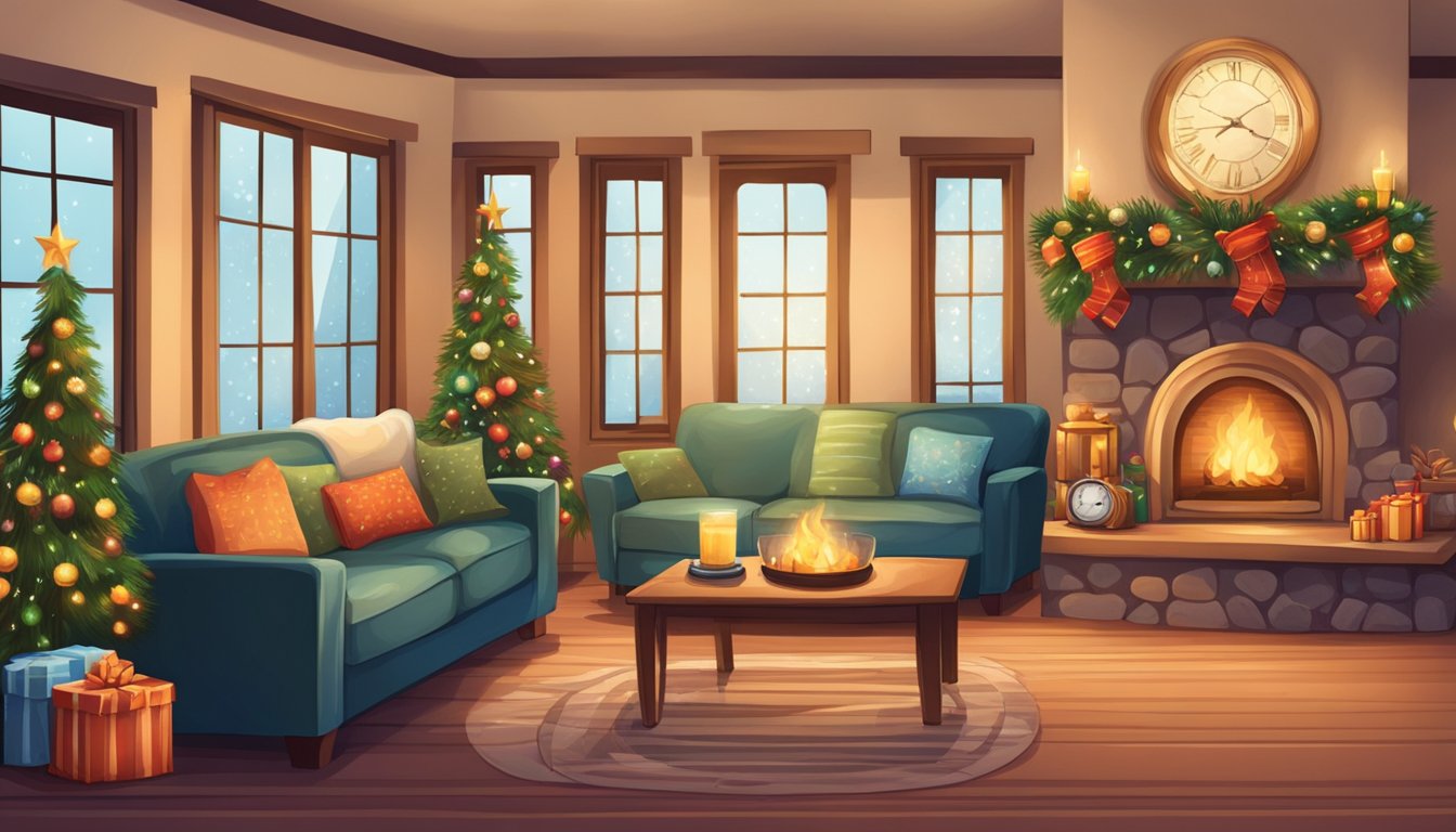 A cozy living room with a crackling fireplace, adorned with festive decorations for a special occasion. A cellphone sits on the coffee table, ready to send a heartfelt text