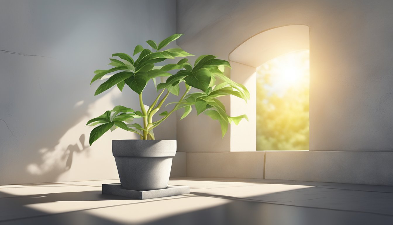 A potted plant grows from a crack in a concrete wall, reaching towards the sunlight filtering through the window