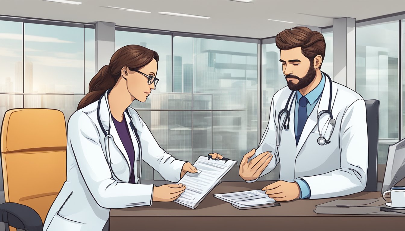 A doctor in a white coat explaining a medical diagnosis to a concerned patient in a modern office setting