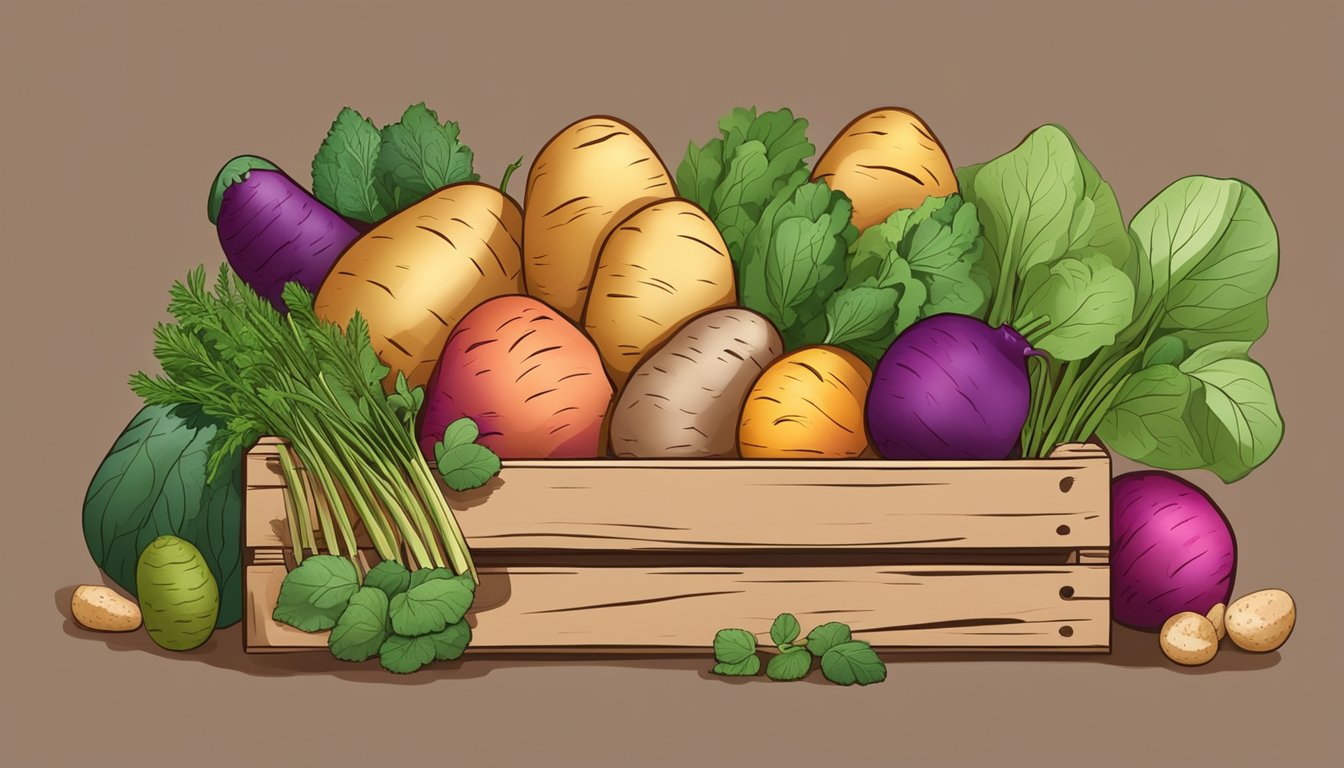 A variety of colorful and fresh potatoes arranged in a rustic wooden crate, surrounded by vibrant vegetables and herbs