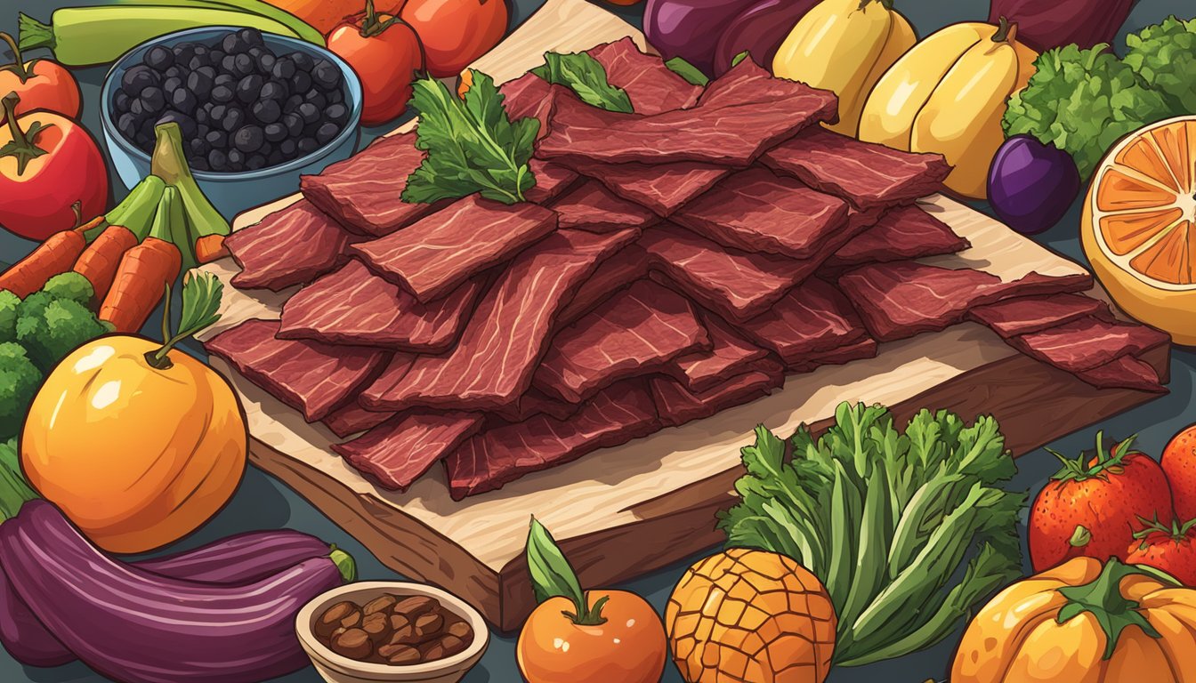 A pile of assorted beef jerky surrounded by vibrant fruits and vegetables