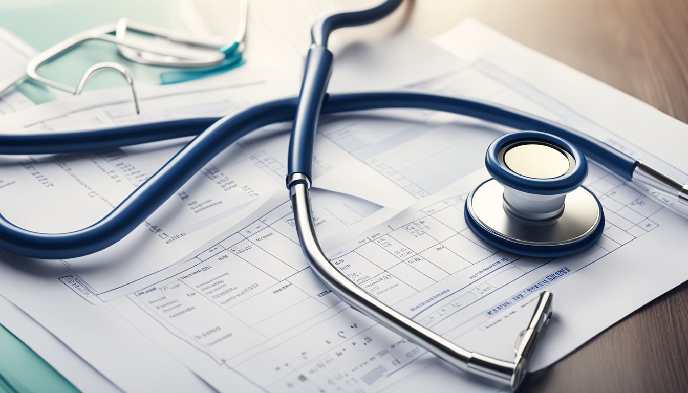 A stethoscope draped over a medical chart, alongside a stack of insurance documents and a hospital bill