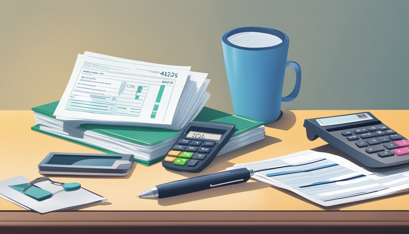 A stack of medical bills and a checkbook on a desk, with a calculator and paperwork scattered around