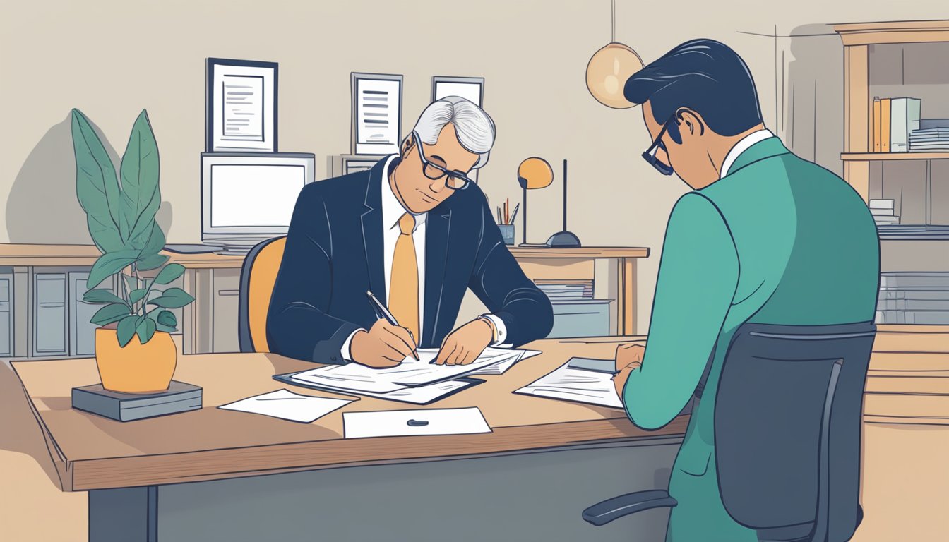 A person signing paperwork at a desk while a representative explains critical illness insurance