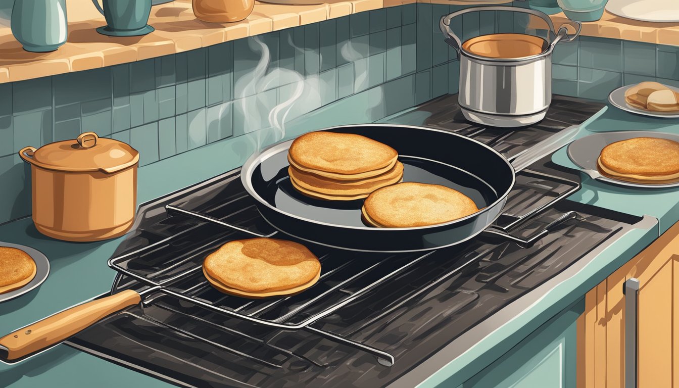 A vintage kitchen with a cast iron skillet cooking Johnny cakes over an open flame