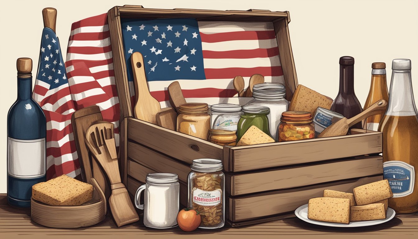 A wooden crate filled with hardtack and other specialty foods, surrounded by vintage American flags and rustic kitchen utensils