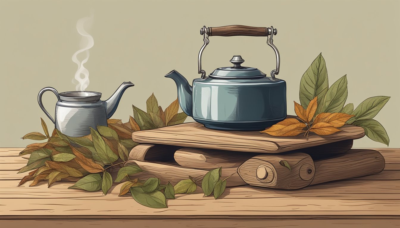 A rustic wooden table with a steaming cup of sassafras tea, surrounded by a pile of dried sassafras leaves and a vintage tea kettle