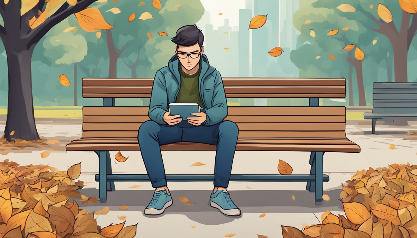 A person sitting alone on a park bench, surrounded by fallen leaves and looking at their phone with a pensive expression