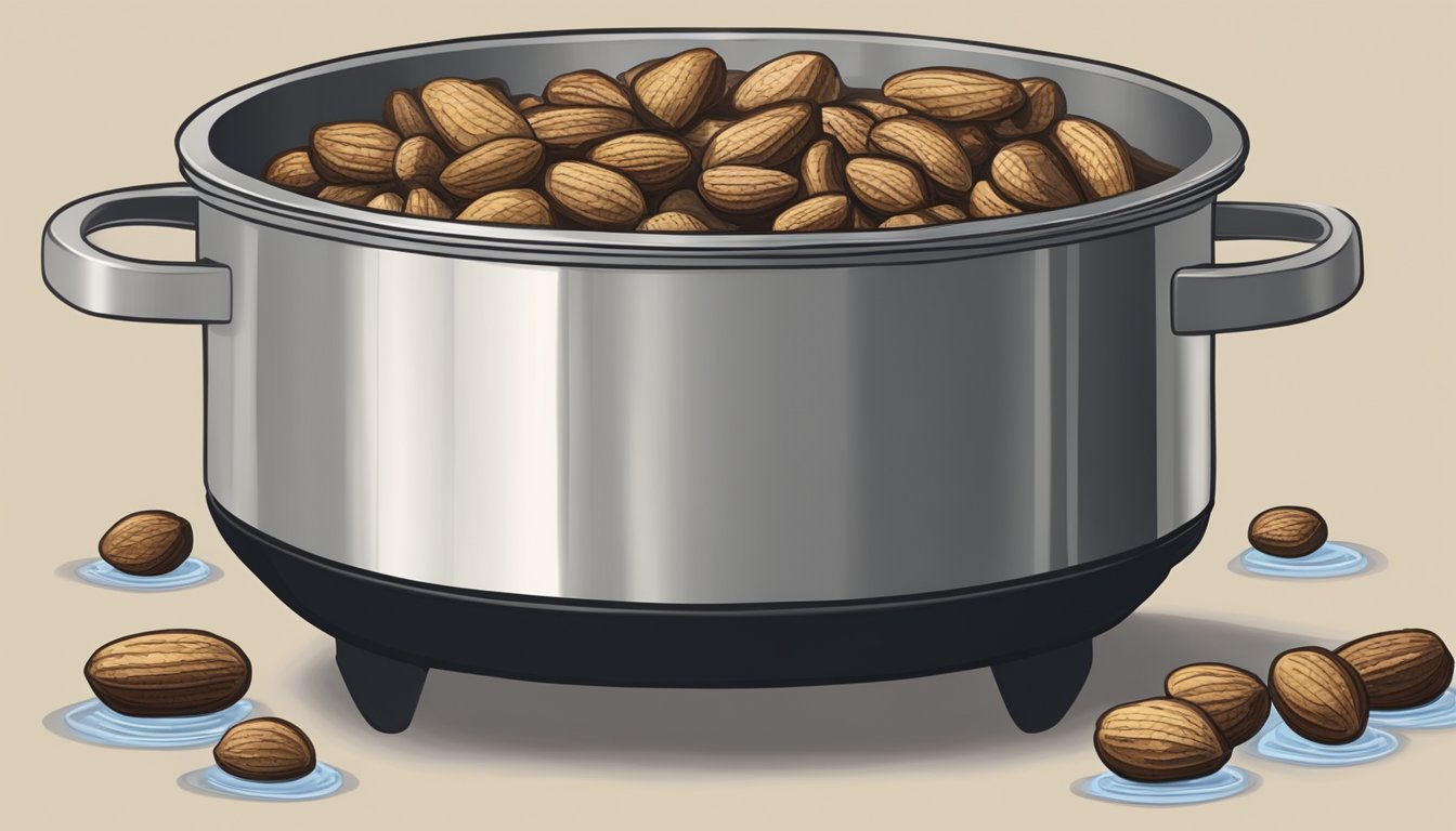 A pot of boiled peanuts simmering on a stovetop, steam rising and shells floating in the water