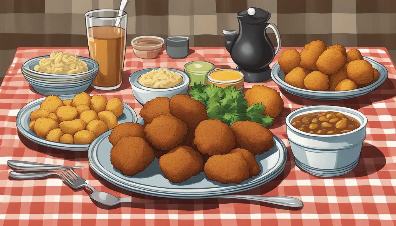 A plate of hush puppies surrounded by a variety of other traditional Southern dishes on a checkered tablecloth